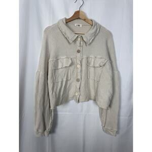 j. HER Waffle Knit Button-Up Shacket Women’s Large White Textured Raw Hem Cotton